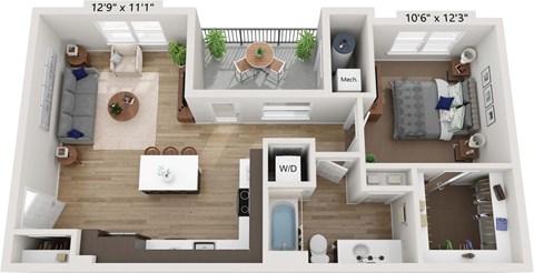 Floor plan for 1 bed, 1 bath, 767 sqft
